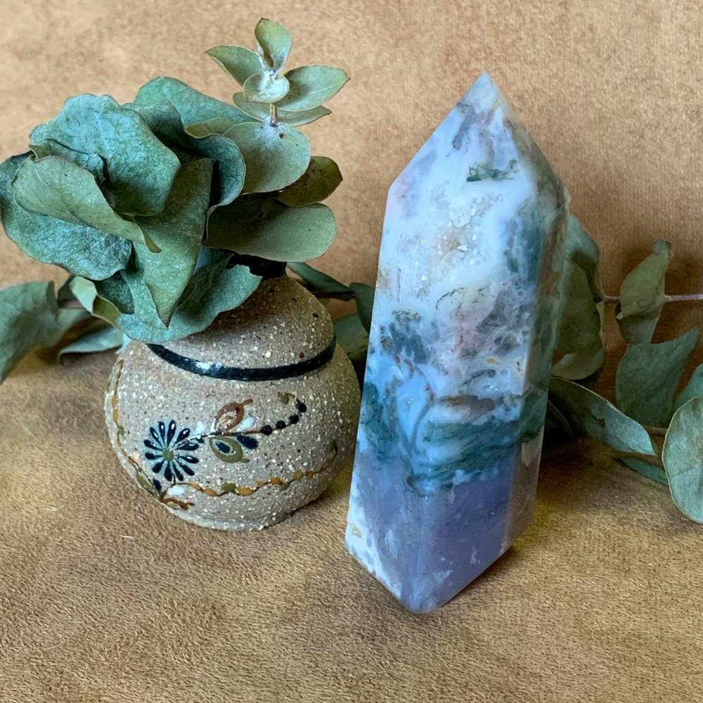 Druzy Moss Agate and Chalcedony Tower
